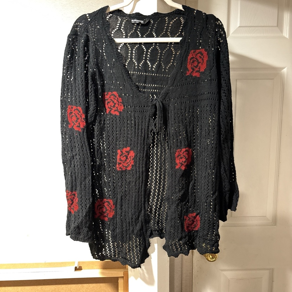 Bloom chic Black Crochet Cardigan with Red Rose Accents